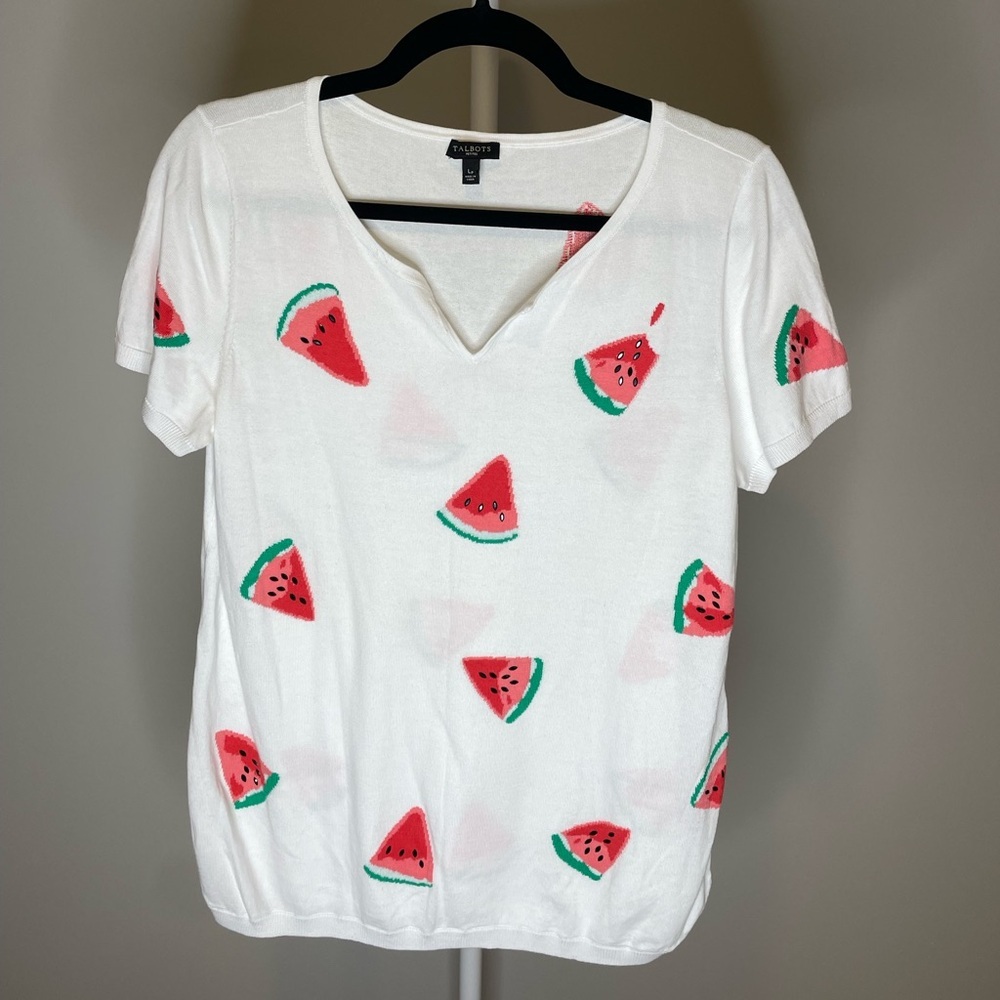 Talbots White Watermelon Print V-Neck Knit Tee Size Large Petite